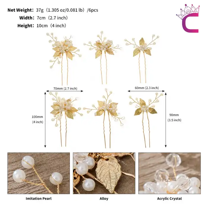 6lı İncili Kristal Taşlı Gelin Tacı Firkete Toka Gold - Yaprak Taç Düğün Nişan Nikah Saç Aksesuarı