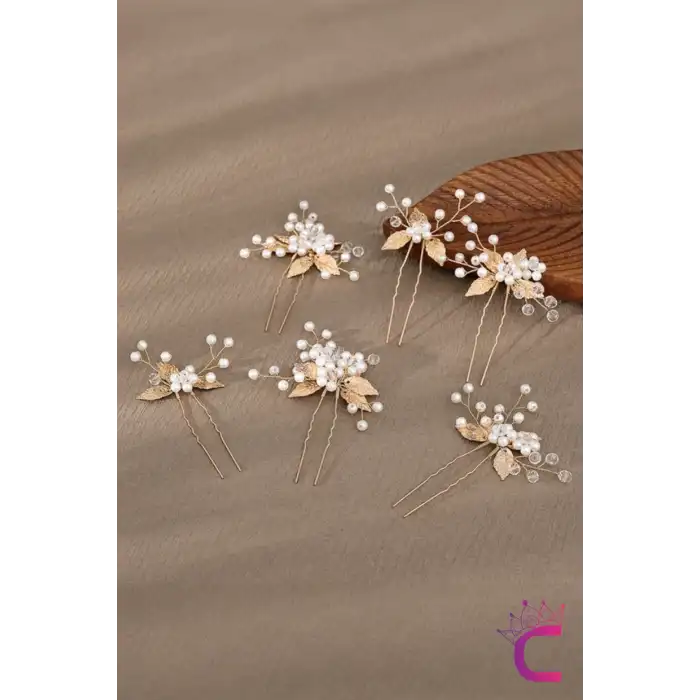 6lı İncili Kristal Taşlı Gelin Tacı Firkete Toka Gold - Yaprak Taç Düğün Nişan Nikah Saç Aksesuarı