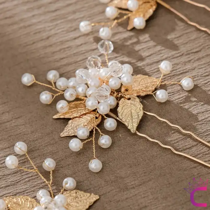 6lı İncili Kristal Taşlı Gelin Tacı Firkete Toka Gold - Yaprak Taç Düğün Nişan Nikah Saç Aksesuarı