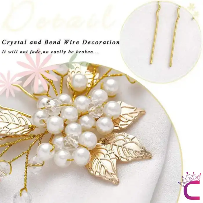 6lı İncili Taşlı Çiçekli Gold Yaprak Gelin Tacı Firkete Topuz Toka - Düğün Nişan Nikah Saç Aksesuar