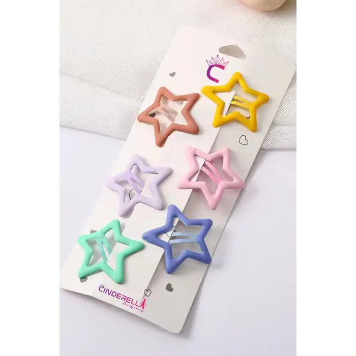 6lı Mat Soft Renkli Büyük Yıldız Çıtçıt Toka Seti 4cm - Kız Çocuk Yıldızlı Çıtçıtlı Saç Tokası