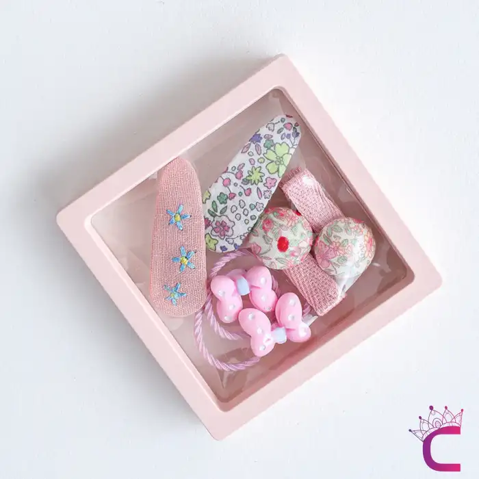 6lı Özel Hediyelik Kutulu Bebek Toka Seti Pembe - Kız Çocuk Lastik Fiyonk Mantar Çiçekli Saç Tokası