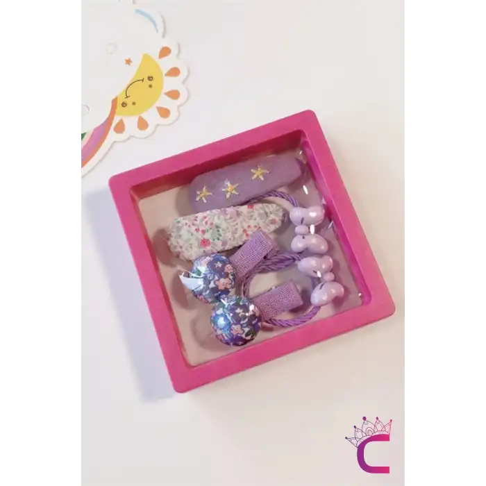 6lı Özel Hediyelik Kutulu Kız Bebek Toka Seti Mor - Yumuşak Astarlı Çocuk Fiyonk Lastik Saç Tokası