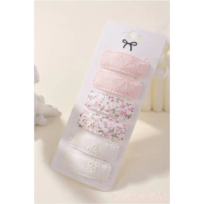 6lı Özel Seri Nakışlı Çiçekli Model Çocuk Çıt Çıt Toka Seti - Kız Bebek Çıtçıt Saç Toka Model-1