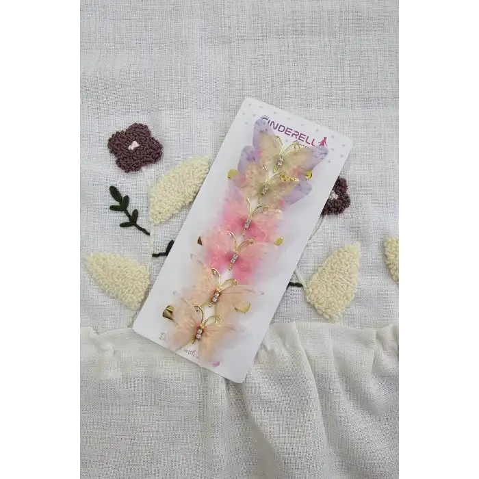 6lı Özel Seri Tül Kanatlı Taşlı Kelebek Toka Seti 5cm - Hareketli Renkli Kelebekli Pens Saç Tokası
