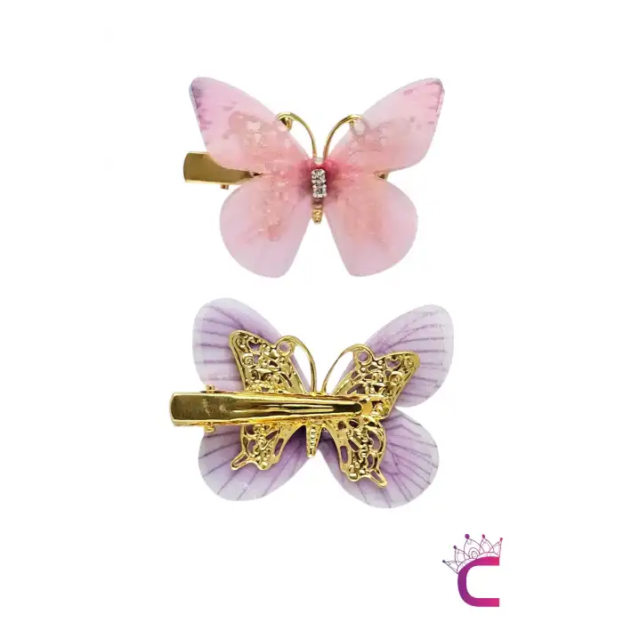 6lı Özel Seri Tül Kanatlı Taşlı Kelebek Toka Seti 5cm - Hareketli Renkli Kelebekli Pens Saç Tokası