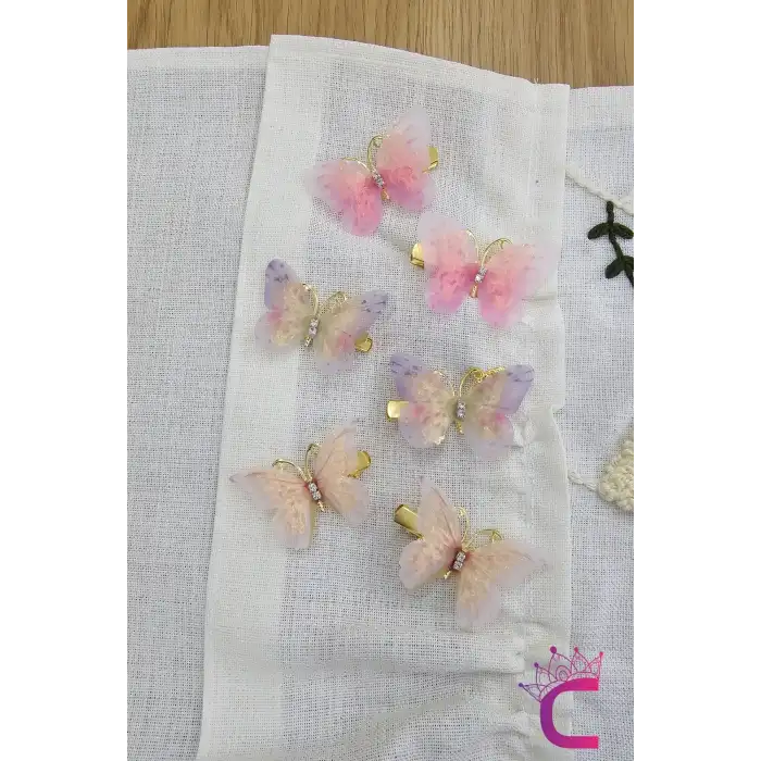 6lı Özel Seri Tül Kanatlı Taşlı Kelebek Toka Seti 5cm - Hareketli Renkli Kelebekli Pens Saç Tokası