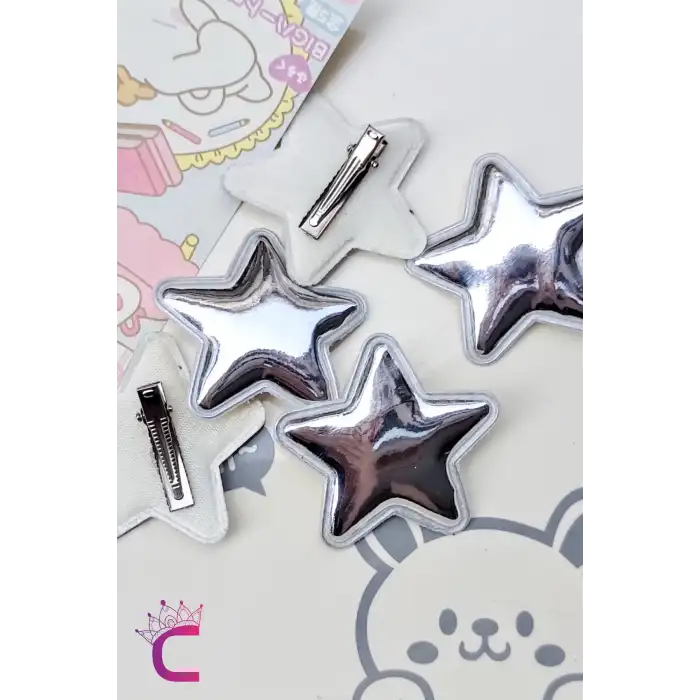 6lı Parlak PU Deri Yıldız Pens Saç Tokası Seti Gümüş - Renkli Yıldızlı Toka Çocuk Saç Süsü Aksesuar