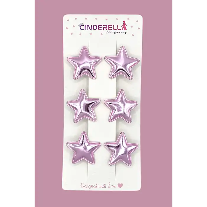 6lı Parlak PU Deri Yıldız Pens Saç Tokası Seti Pembe - Renkli Yıldızlı Toka Çocuk Saç Süsü Aksesuar