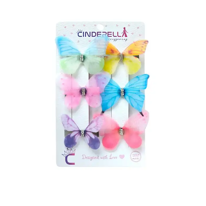 6lı Renkli Kelebek Toka Gerçekçi Kumaş - Tül Kanatlı Hareketli Kelebekli Saç Tokası