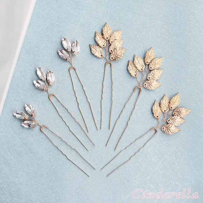 6 Parça Düğün Gelin Gold Yapraklı Kristal Taşlı Firkete Set - Nişan Nikah Söz Saç Topuz Tokası