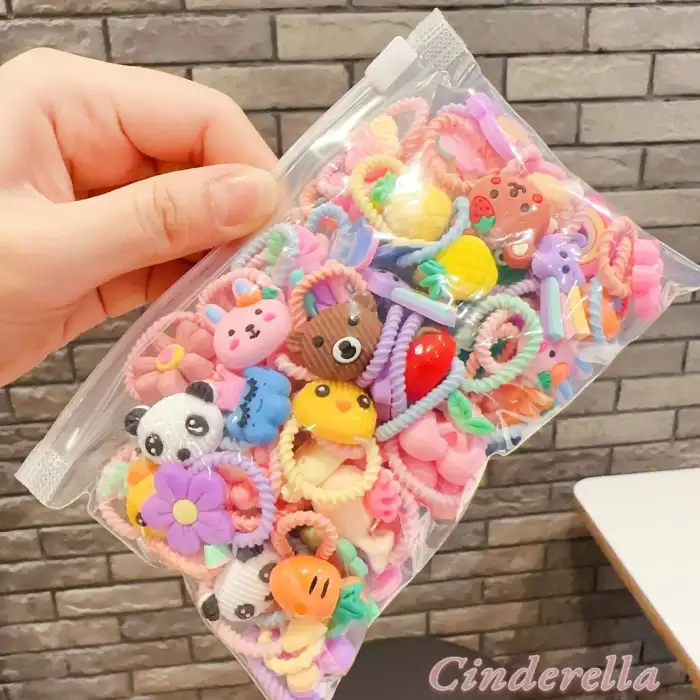 60lı Renkli Karışık Figürlü Dayanıklı Kız Çocuk Lastik Toka Seti - Sevimli Bebek Lastikli Toka