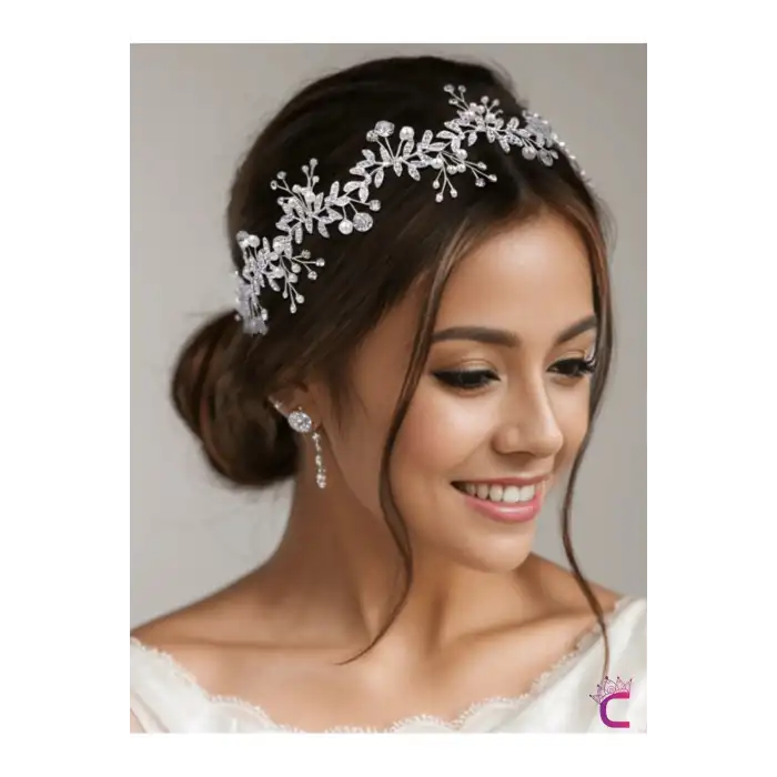 Özel Tasarım Tül Kuyruklu Zirkon Taşlı İncili Çiçekli Gelin Tacı Gümüş Düğün Saç Tokası Aksesuarı