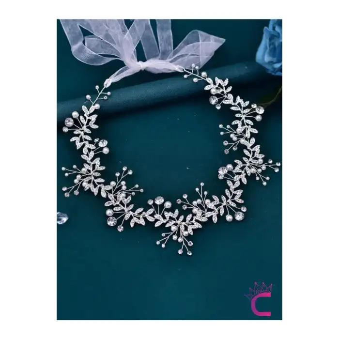 Özel Tasarım Tül Kuyruklu Zirkon Taşlı İncili Çiçekli Gelin Tacı Gümüş Düğün Saç Tokası Aksesuarı