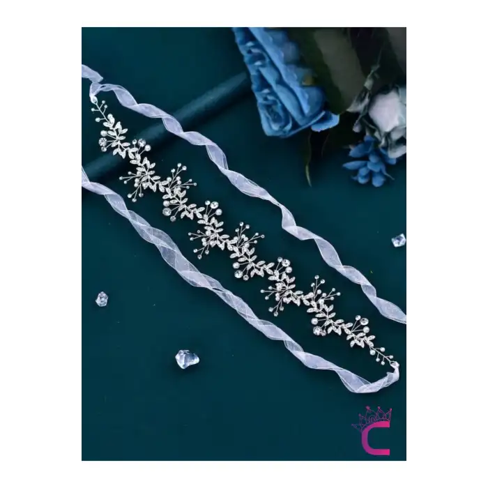 Özel Tasarım Tül Kuyruklu Zirkon Taşlı İncili Çiçekli Gelin Tacı Gümüş Düğün Saç Tokası Aksesuarı