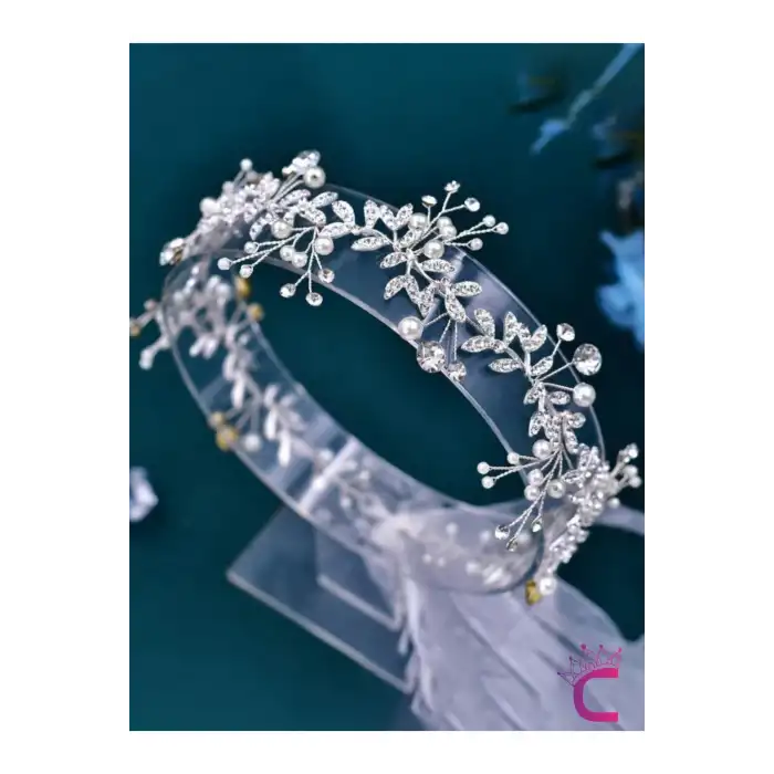 Özel Tasarım Tül Kuyruklu Zirkon Taşlı İncili Çiçekli Gelin Tacı Gümüş Düğün Saç Tokası Aksesuarı