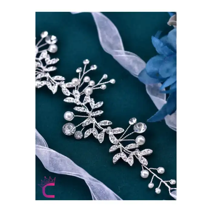 Özel Tasarım Tül Kuyruklu Zirkon Taşlı İncili Çiçekli Gelin Tacı Gümüş Düğün Saç Tokası Aksesuarı