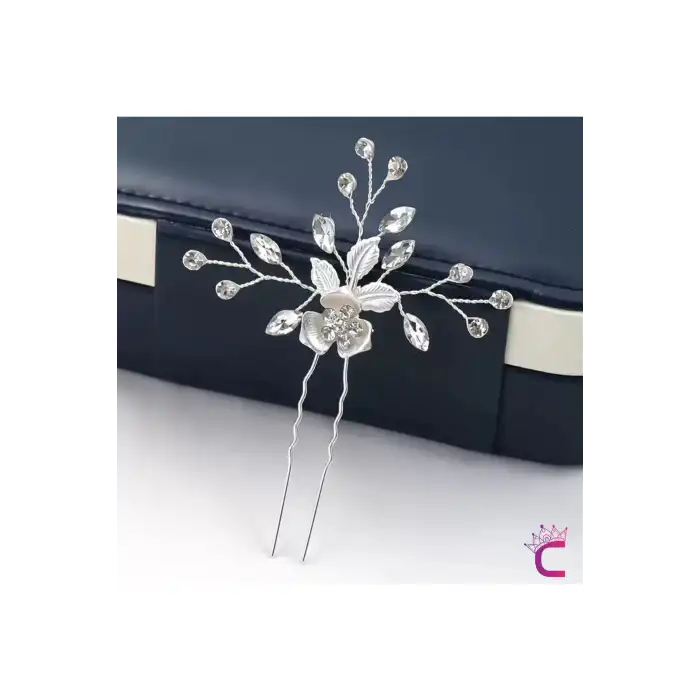 Yapraklı Çiçekli Zirkon Taşlı Gelin Tacı Firkete Tokası Gümüş - Düğün Nikah Nişan Söz Saç Aksesuarı