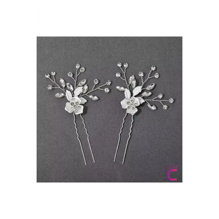 Yapraklı Çiçekli Zirkon Taşlı Gelin Tacı Firkete Tokası Gümüş - Düğün Nikah Nişan Söz Saç Aksesuarı