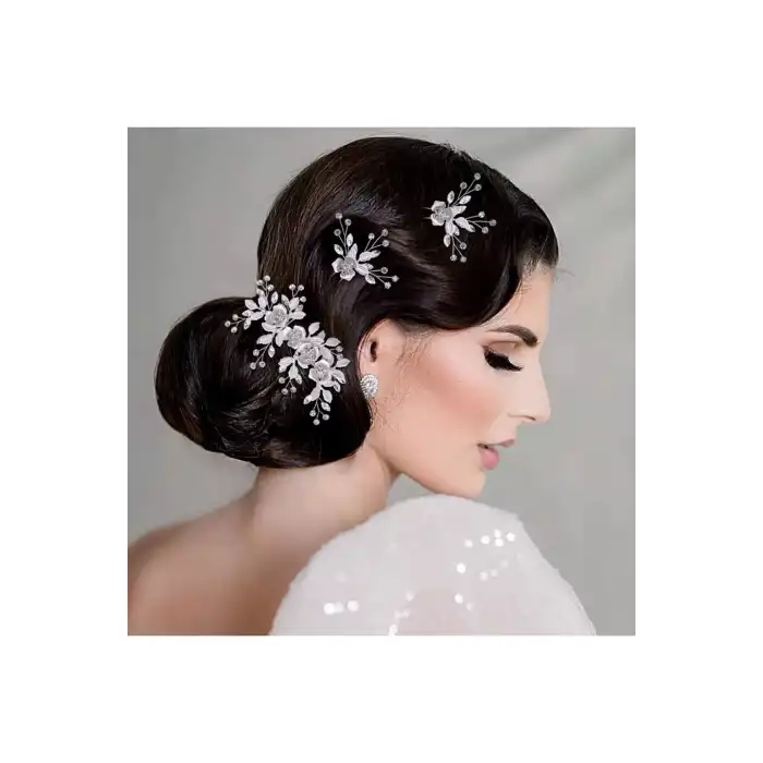 Yapraklı Çiçekli Zirkon Taşlı Gelin Tacı Firkete Tokası Gümüş - Düğün Nikah Nişan Söz Saç Aksesuarı