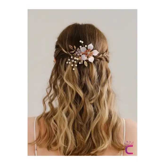 Gold Yapraklı Taşlı İncili Çiçekli Taraklı Gelin Tokası Tacı - Düğün Nişan Nikah Saç Aksesuarı