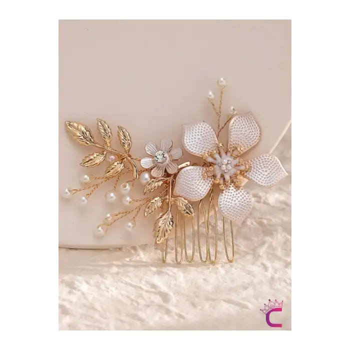 Gold Yapraklı Taşlı İncili Çiçekli Taraklı Gelin Tokası Tacı - Düğün Nişan Nikah Saç Aksesuarı