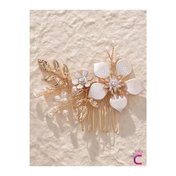 Gold Yapraklı Taşlı İncili Çiçekli Taraklı Gelin Tokası Tacı - Düğün Nişan Nikah Saç Aksesuarı