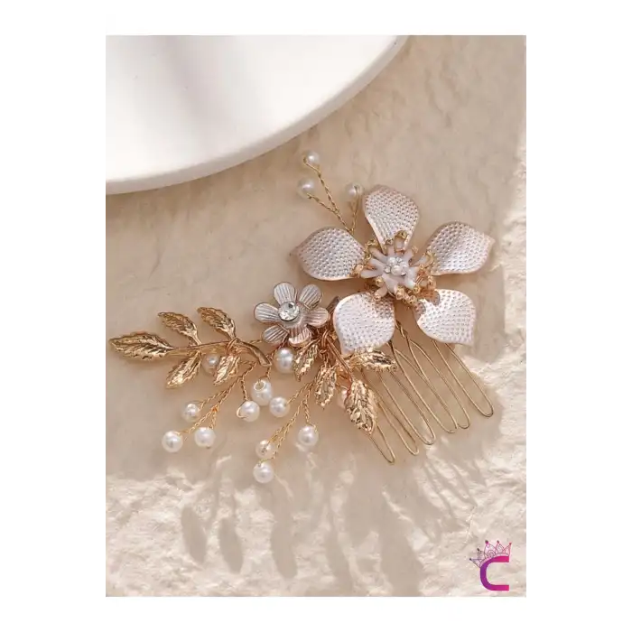 Gold Yapraklı Taşlı İncili Çiçekli Taraklı Gelin Tokası Tacı - Düğün Nişan Nikah Saç Aksesuarı