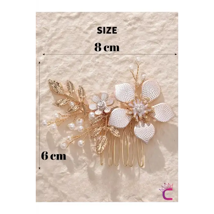 Gold Yapraklı Taşlı İncili Çiçekli Taraklı Gelin Tokası Tacı - Düğün Nişan Nikah Saç Aksesuarı