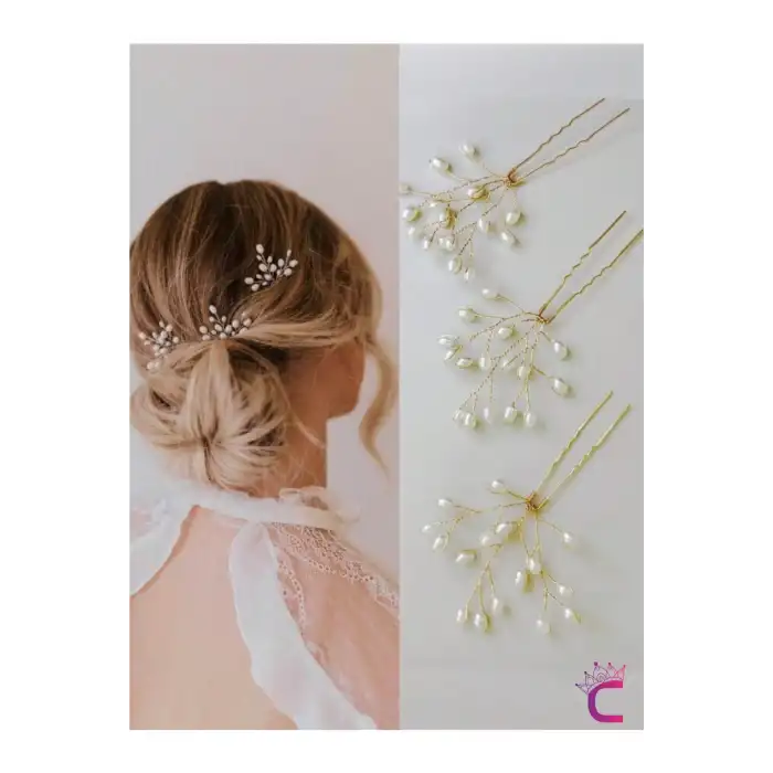 3lü Zarif İncili Gelin Tacı Firkete Saç Topuz Tokası Gold - Düğün Nikah Nişan Söz Aksesuarı
