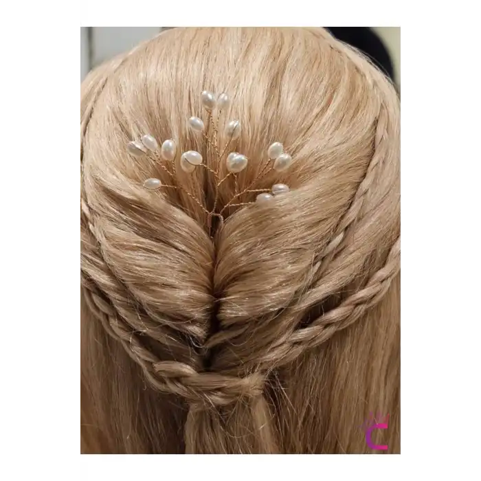 3lü Zarif İncili Gelin Tacı Firkete Saç Topuz Tokası Gold - Düğün Nikah Nişan Söz Aksesuarı