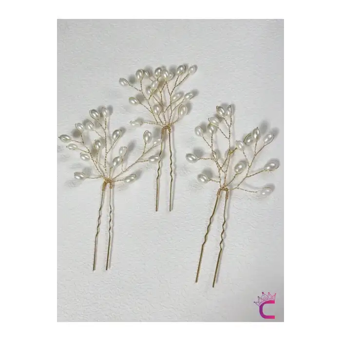 3lü Zarif İncili Gelin Tacı Firkete Saç Topuz Tokası Gold - Düğün Nikah Nişan Söz Aksesuarı