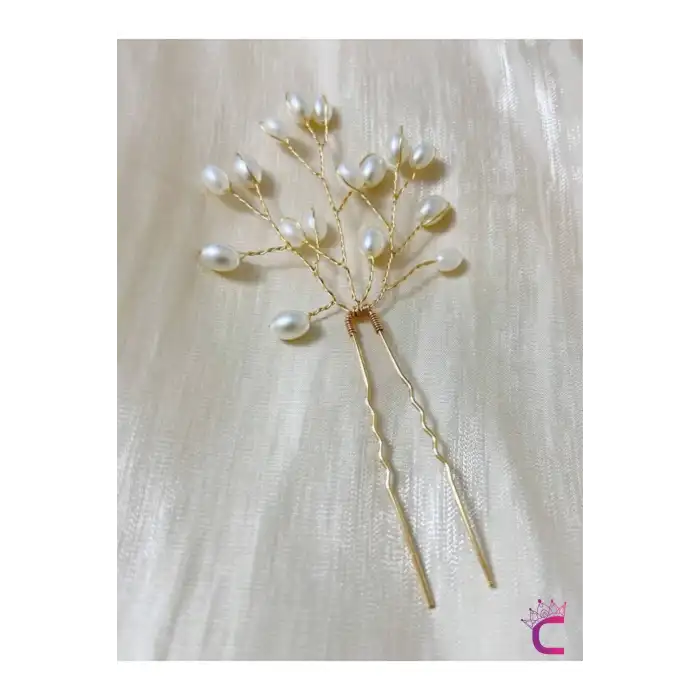 3lü Zarif İncili Gelin Tacı Firkete Saç Topuz Tokası Gold - Düğün Nikah Nişan Söz Aksesuarı