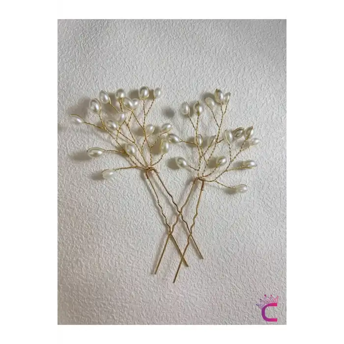 3lü Zarif İncili Gelin Tacı Firkete Saç Topuz Tokası Gold - Düğün Nikah Nişan Söz Aksesuarı