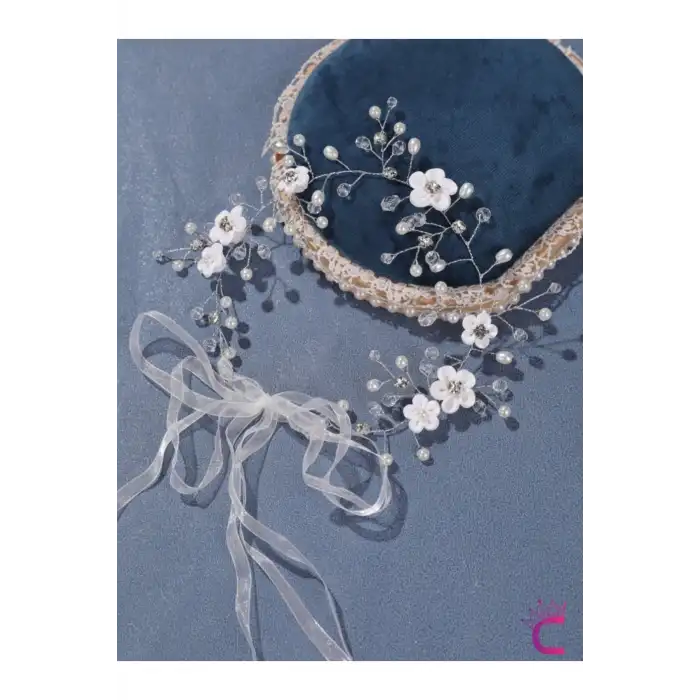 Beyaz Çiçekli İncili Kristal Taşlı Gelin Tacı Saç Bandı Tokası Gümüş - Düğün Nikah Nişan Aksesuarı