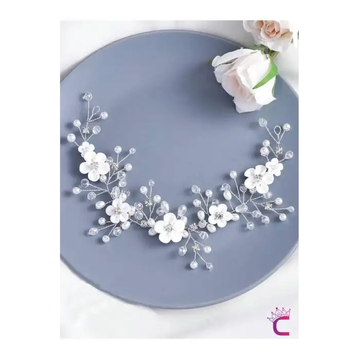 Beyaz Çiçekli İncili Kristal Taşlı Gelin Tacı Saç Bandı Tokası Gümüş - Düğün Nikah Nişan Aksesuarı