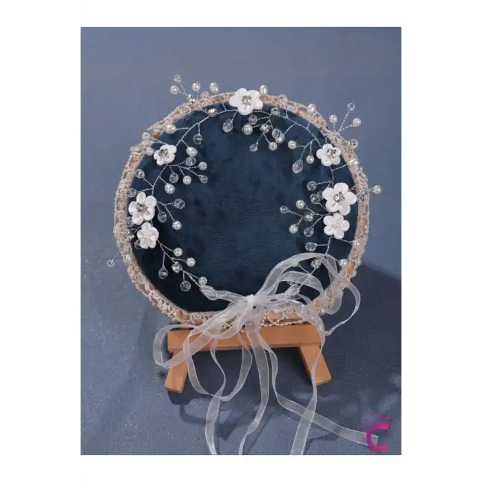 Beyaz Çiçekli İncili Kristal Taşlı Gelin Tacı Saç Bandı Tokası Gümüş - Düğün Nikah Nişan Aksesuarı