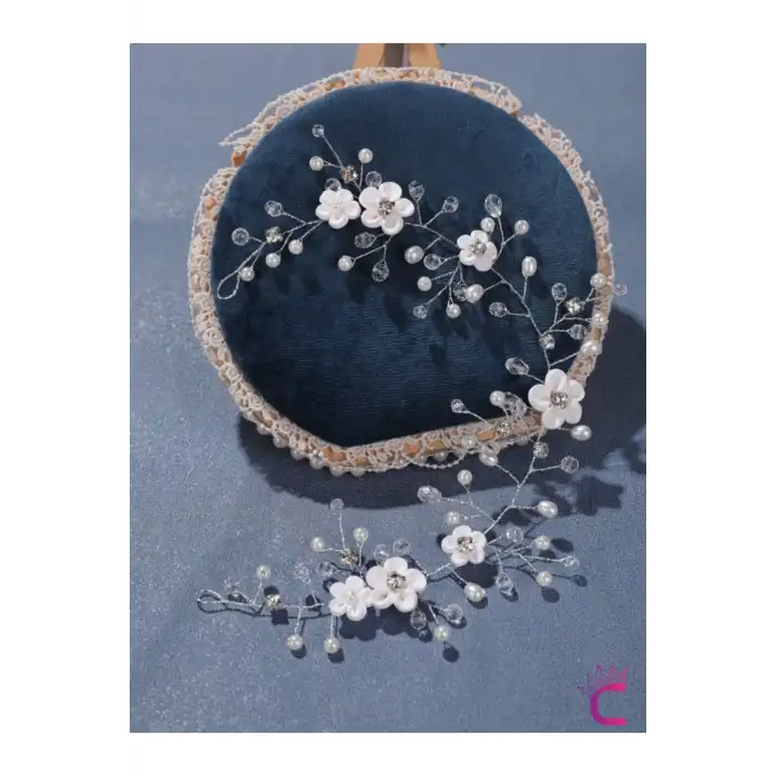 Beyaz Çiçekli İncili Kristal Taşlı Gelin Tacı Saç Bandı Tokası Gümüş - Düğün Nikah Nişan Aksesuarı