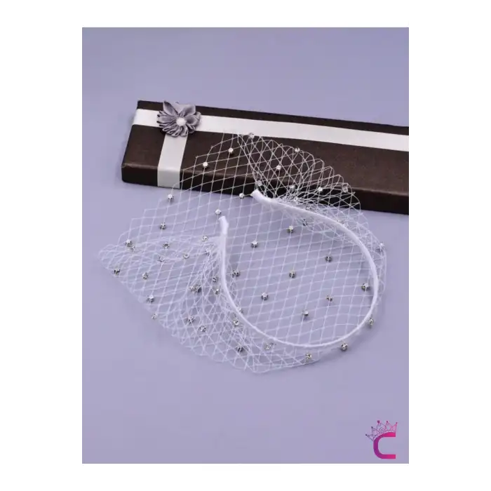 Tüllü Zirkon Taşlı İşlemeli Vualet Beyaz Nikah Şapkası - Duvaklı Gelin Kepi Tacı Parti Aksesuarı