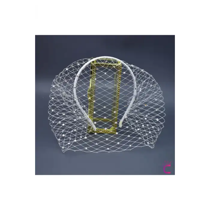 Tüllü Zirkon Taşlı İşlemeli Vualet Beyaz Nikah Şapkası - Duvaklı Gelin Kepi Tacı Parti Aksesuarı