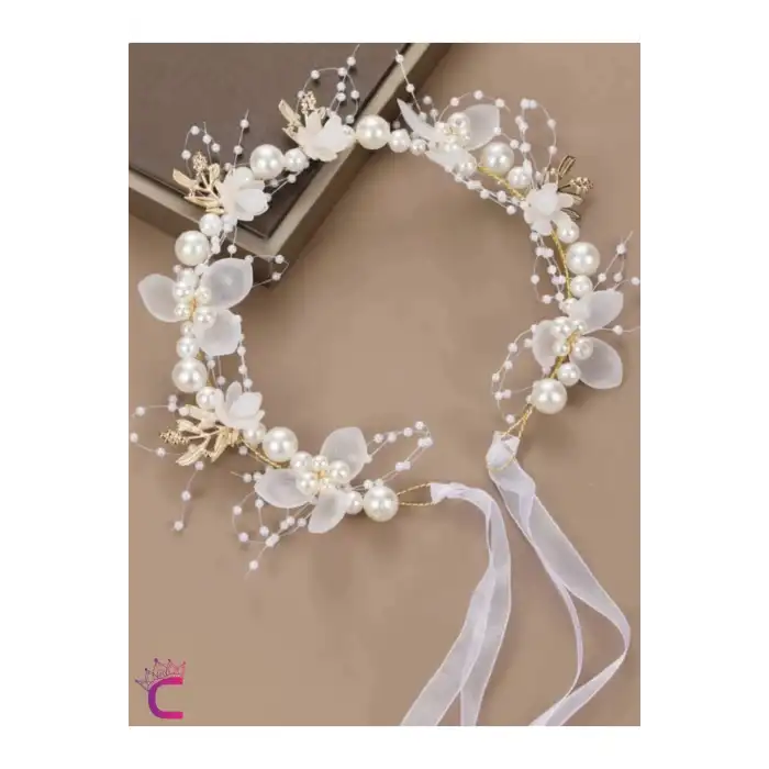 Zarif Çiçekli Gold Yaprak İncili Saç Bandı Prenses Tacı Doğum Günü Düğün Kına Parti Mezuniyet