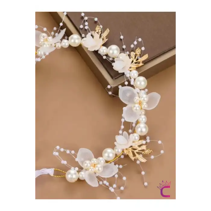 Zarif Çiçekli Gold Yaprak İncili Saç Bandı Prenses Tacı Doğum Günü Düğün Kına Parti Mezuniyet