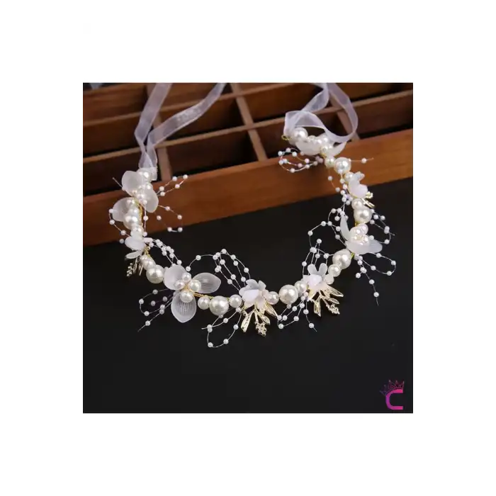 Zarif Çiçekli Gold Yaprak İncili Saç Bandı Prenses Tacı Doğum Günü Düğün Kına Parti Mezuniyet