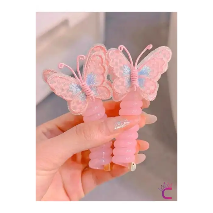 2li Pembe Mavi Tül Kelebekli Yaylı Spiral Makarna Toka - Kız Çocuk At Kuyruğu Saç Tokası