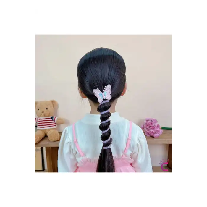 2li Pembe Mavi Tül Kelebekli Yaylı Spiral Makarna Toka - Kız Çocuk At Kuyruğu Saç Tokası