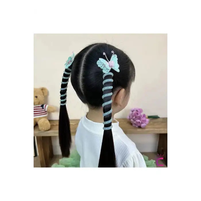 2li Pembe Mavi Tül Kelebekli Yaylı Spiral Makarna Toka - Kız Çocuk At Kuyruğu Saç Tokası