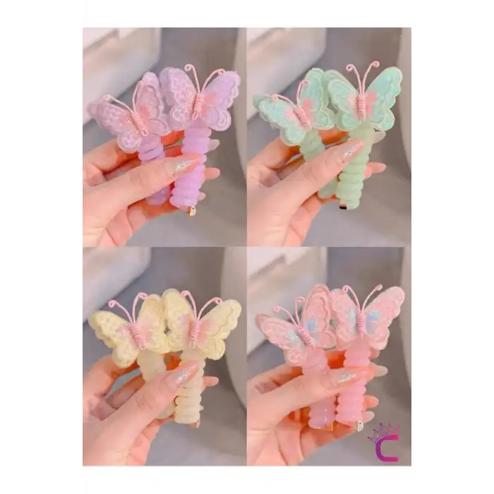 2li Pembe Mavi Tül Kelebekli Yaylı Spiral Makarna Toka - Kız Çocuk At Kuyruğu Saç Tokası