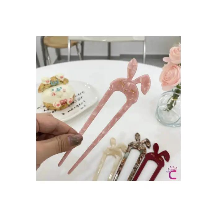 Sevimli Tavşan Kulaklı Pembe Kız Çocuk Topuz Tokası Asetat - Kadın Çubuk Toka Saç Topuz Çubuğu