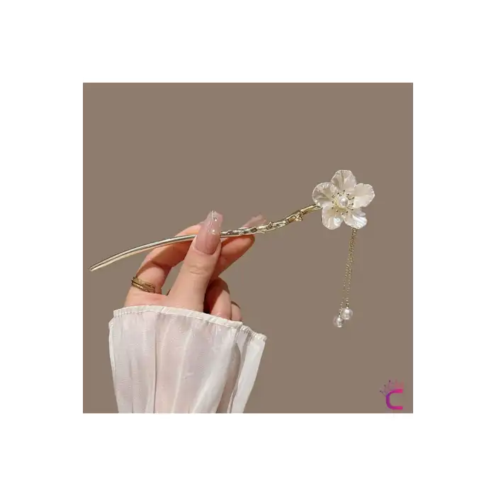 Zarif El Yapımı Beyaz Çiçekli Saç Topuz Tokası 17cm - Japon Topuz Çubuğu Metal Çubuk Toka