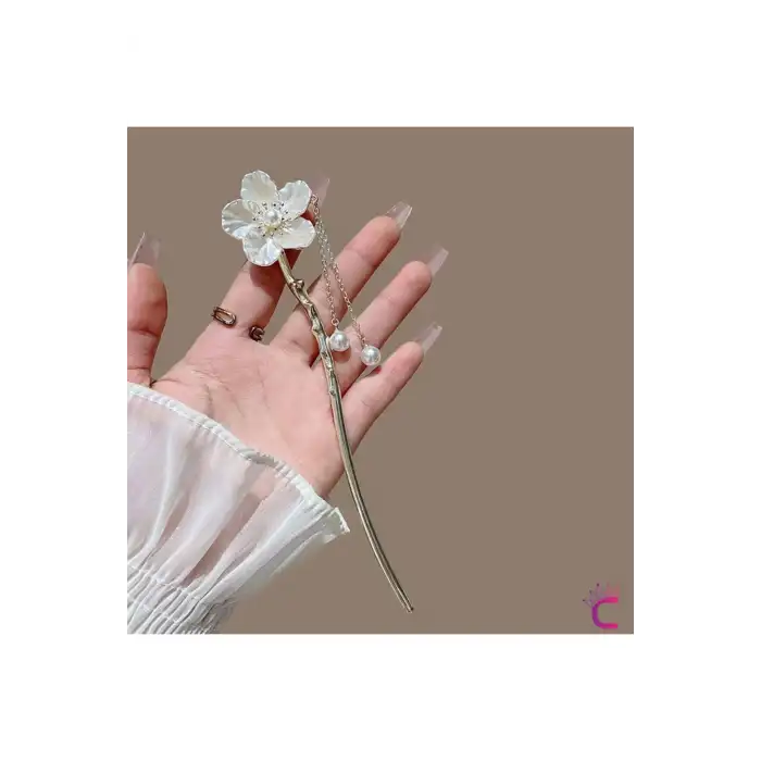 Zarif El Yapımı Beyaz Çiçekli Saç Topuz Tokası 17cm - Japon Topuz Çubuğu Metal Çubuk Toka